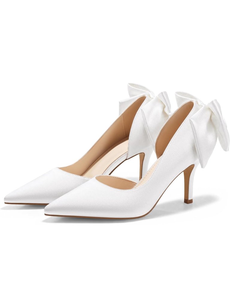 Women's White Bow Stiletto Satin Closed Pointed Toe Slip On Wedding Dress Shoes